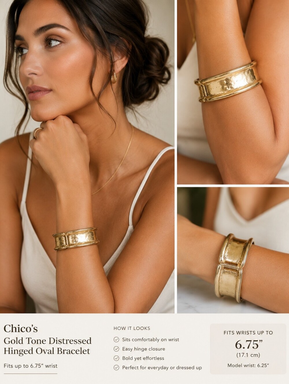 Chico's Gold Tone Distressed Oval Hinged Bracelet 6.75" Statement Cuff